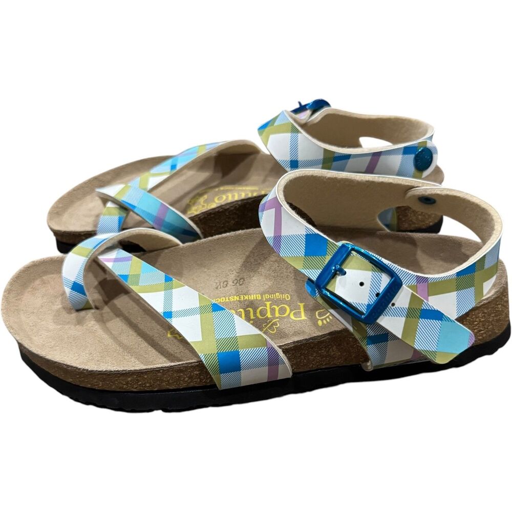 Papillio Birkenstock Blue White Plaid Open Toe Ring Strappy Sandals Sz 6 37